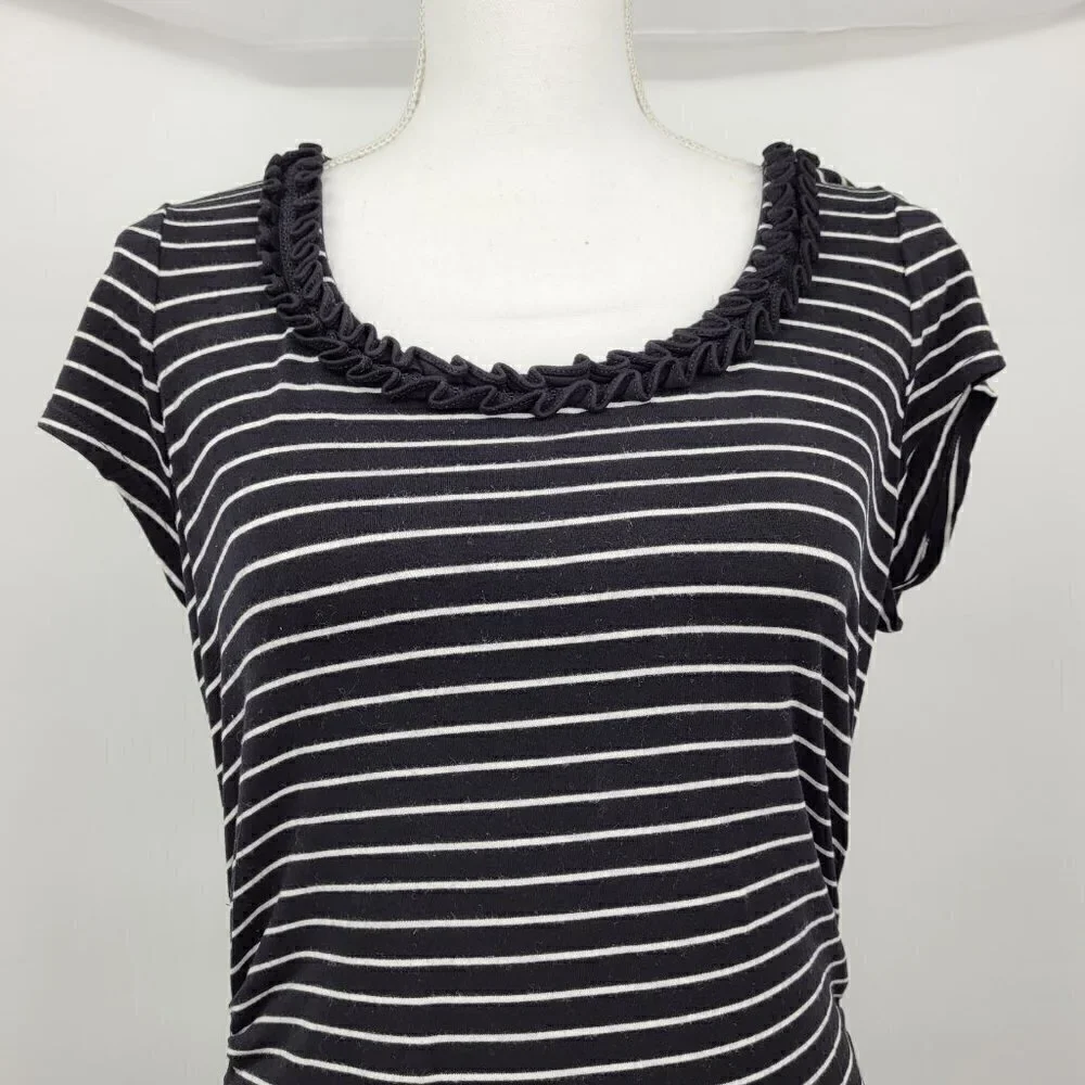WHBM Ruffle Neckline Black & White Striped Tee - Picture 9 of 11